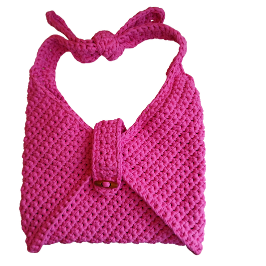 Medium Hot Pink T-Shirt Yarn Bag, Tied Strap