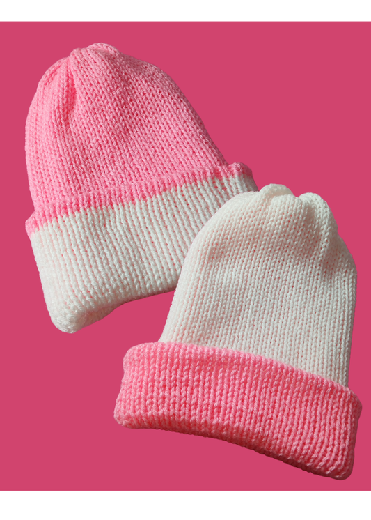 Pink and White Reversible Knit Beanie