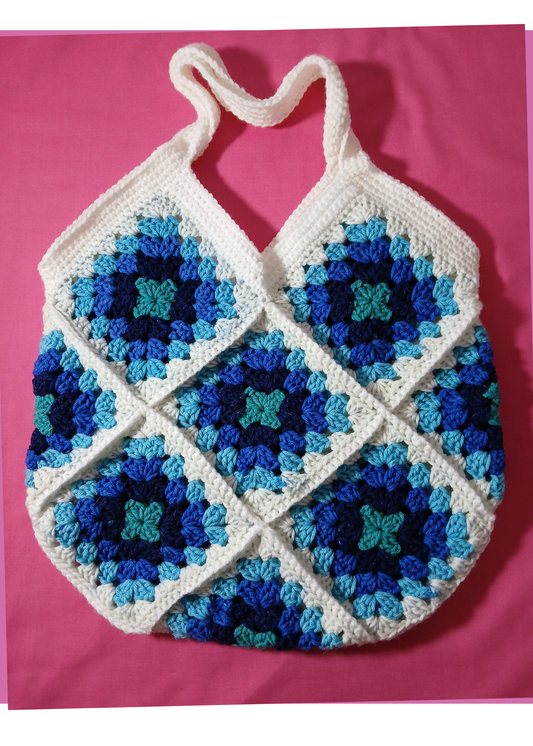 Blue and White Medium 13 Granny Square Bag